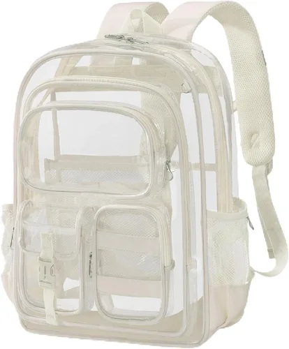 Mochila transparente de tres capas, bolsa transparente resistente para niños, mochila transparente para niñas y niños (beige)