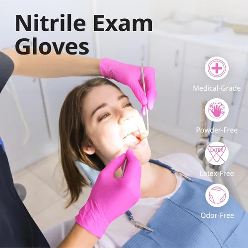 Vista 5 de SwiftGrip Guantes de nitrilo sin polvo, 3 mil, guantes de nitrilo desechables, sin látex, sin polvo, rosa/fucsia