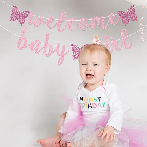Vista 7 de Banner de bienvenida para niña, pancarta de mariposa para bebé, decoraciones de baby shower para niña (rosa)