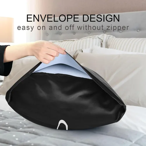 Vista 7 de Fundas de almohada negras personalizadas de seda con cierre de sobre, funda de almohada de satén tamaño estándar para personas que duermen