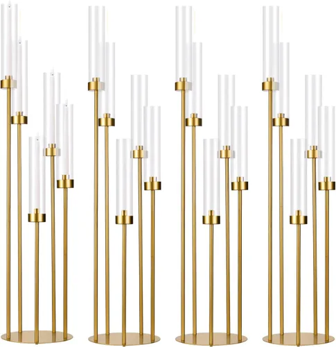 Vista 19 de Portavelas negro mate de 39.8 pulgadas con tonos acrílicos, candelabro alto de 5 brazos, centro de mesa negro para boda, sala de estar, comedor