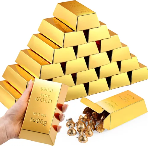 Honoson 24 piezas caja de regalo falsa de barra de oro, cajas de favores de fiesta de papel de lámina de oro, ladrillo de tesoro para decoraciones