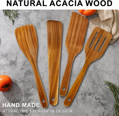 Vista 7 de La mejor espátula de madera de acacia para cocinar juego de utensilios de cocina de madera no tóxicos, espátulas planas ranuradas espátulas
