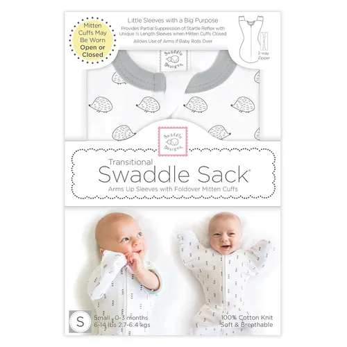 Vista 7 de SwaddleDesigns - Saco de transición para envolver con brazos hacia arriba con mangas de media longitud y puños de mitones, pequeños erizos, pequeño