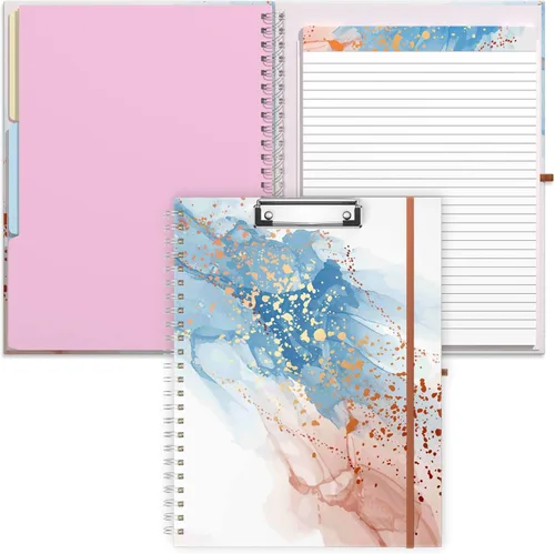Rimilak Spiral Clipboard Folio with Refillable Lined Notepad, 14.5 x 9.8 In, Hardcover Cover with 5 Interior Pockets, Elastic Band and Pen Loop