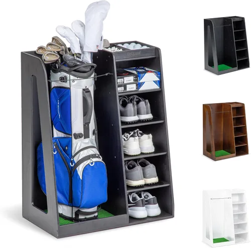 GoSports Organizador de bolsas de golf de madera premium y estante de almacenamiento, acabado negro, blanco o marrón