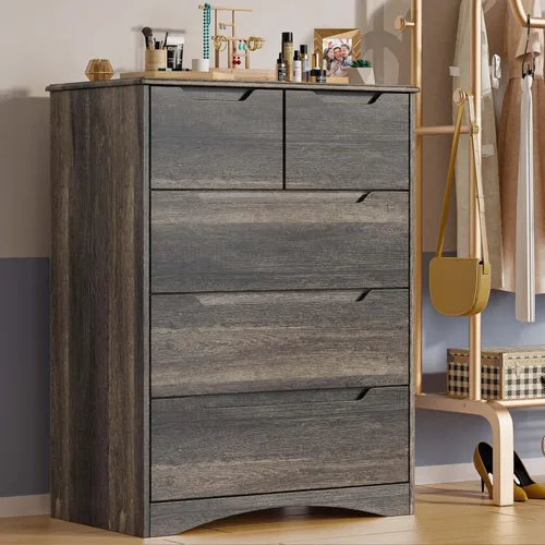 Vista 11 de Gizoon Cómoda de 5 cajones, cómoda negra para dormitorio con gran capacidad de almacenamiento, cómoda con mango integrado, dispositivo resistente