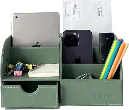 Vista 33 de UnionBasic Organizador de escritorio - Caja de almacenamiento multifuncional de cuero para escritorio con soporte para bolígrafos - Para tarjetas