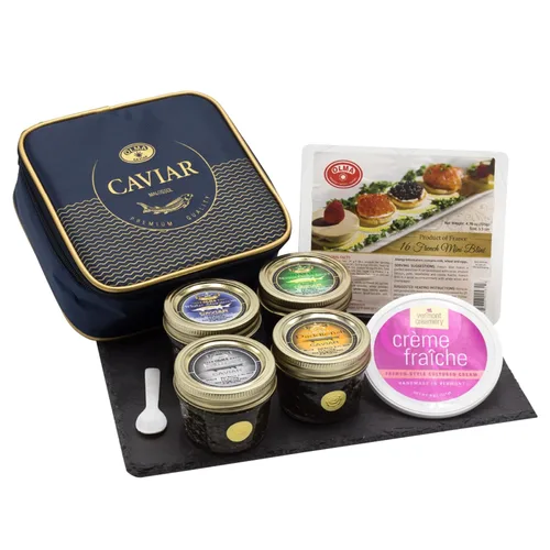 Vista 11 de OLMA Set de Regalo de Caviar - 4 oz (112g) de Caviar, Incluye Kaluga Royal, Osetra Siberiana Aurora, Hackleback, Esturión Blanco, Cuchara