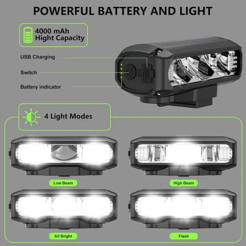 Vista 4 de Luces de bicicleta superbrillantes para conducción nocturna, luz frontal recargable por USB, 4 modos de luz de bicicleta de montaña con función