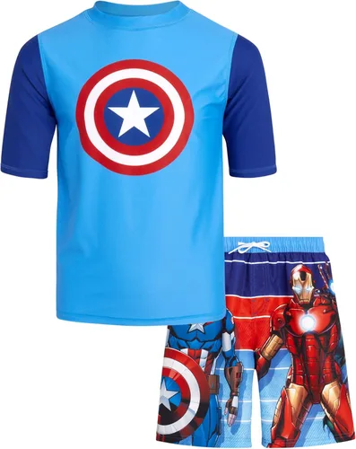 Marvel Avengers Boys Rash Guard Set Spider-Man and Captain America Kids UPF 50+ Swim Shirt and Trunks for Boys (3T-12)