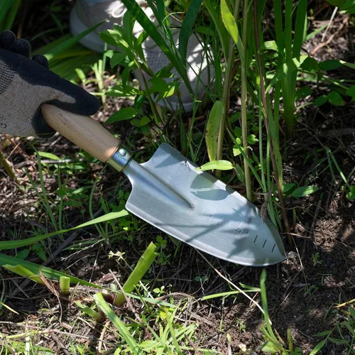 Vista 4 de Paleta de jardín con mango largo y borde dentado, pala de mano de 15 pulgadas para jardinería, camping, mochileros, acero japonés resistente, mango