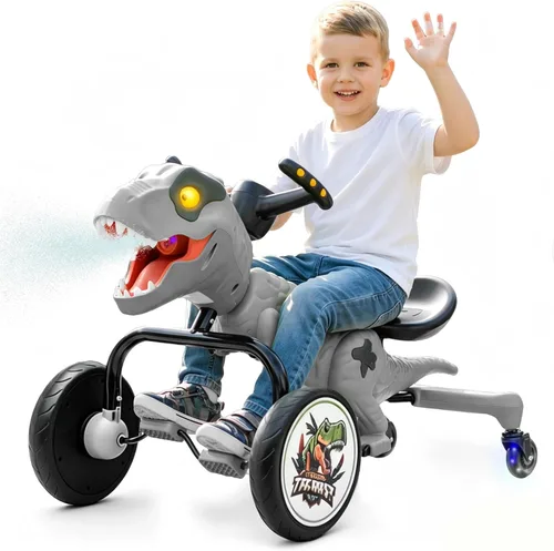 Go-Kart con pedal de dinosaurio, auto de juguete de deriva de 4 ruedas con rociador de niebla, giro de 360°, luces LED, música y sonido de rugido