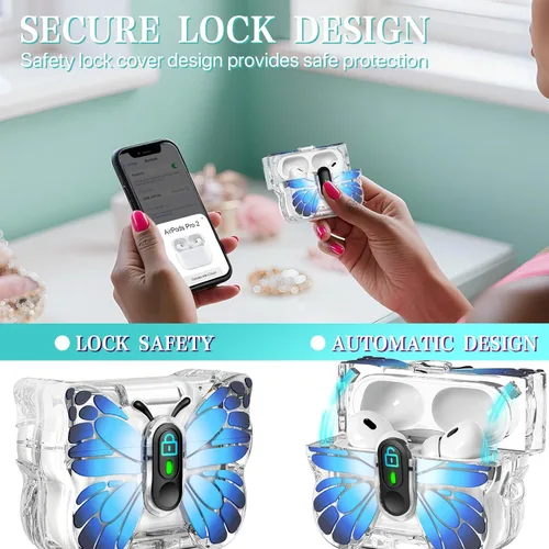 Vista 2 de R-fun Funda para AirPods Pro 2 Butterfly Artistry - Tapa desplegable automática y función de soporte, protección de grado militar de 360°