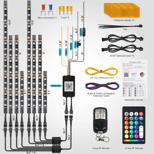 Vista 6 de 8 kits de luces LED RGB segmentadas para motocicleta con control remoto APP/RF, luces subterráneas multicolor con señal de giro de freno, tira