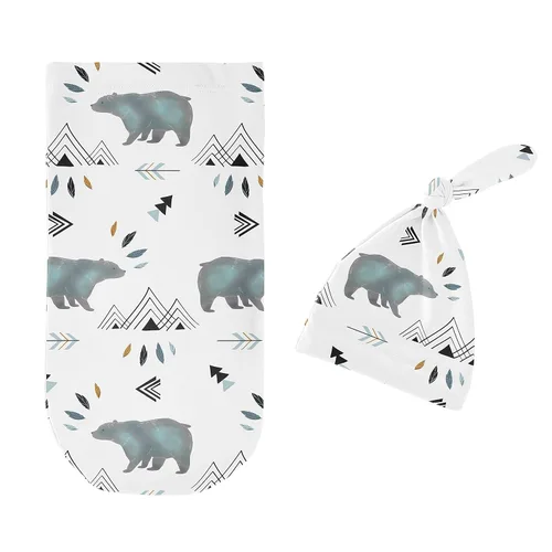 Vista 2 de Sweet Jojo Designs Bear Mountain - Juego de 2 gorros de capullo y gorro de punto elástico para bebé recién nacido, saco de dormir para bebé, saco