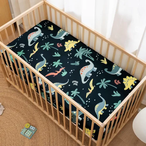 Vista 5 de PHF Paquete de 4 sábanas suaves de dinosaurio para cuna, cómodas sábanas transpirables para niños y niñas, 28 x 52 pulgadas, se adapta a colchones