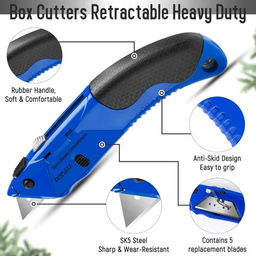 Vista 5 de DIYSELF Paquete de 1 cuchillo cortador de caja, mango de agarre suave, cuchillo utilitario retráctil para el hogar, oficina, uso escolar, cuchillo