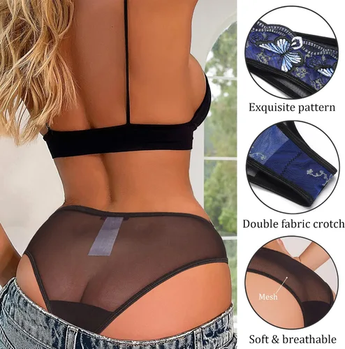 Vista 4 de Avidlove Bragas sexy para mujer, paquete de bragas de malla bordadas con mariposa