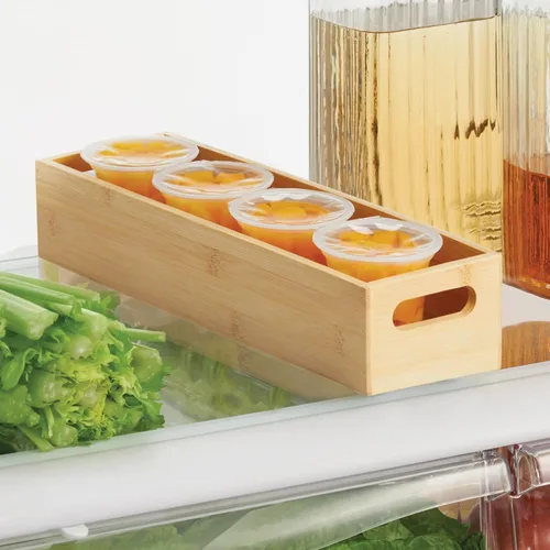 Vista 3 de mDesign Bandeja organizadora delgada de bambú para gabinete de cocina y cajón de refrigerador, contenedor de almacenamiento para cubiertos, cucharas