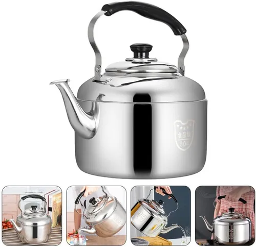 Vista 3 de HEMOTON Hervidor de té para el hogar, tetera silbante, tetera de acero inoxidable, tetera clásica, hervidor de agua con mango frío para estufa, 4 L