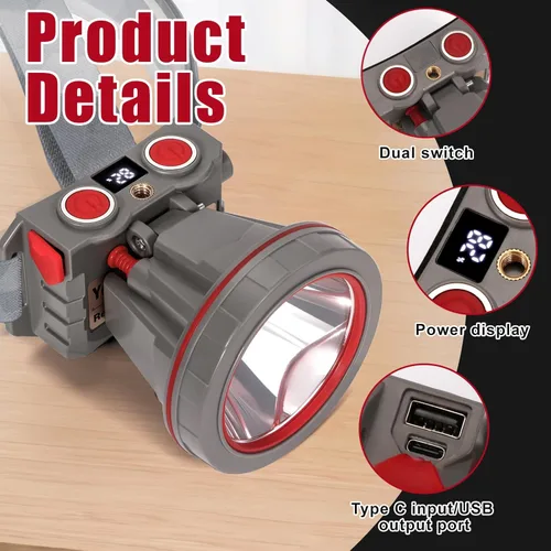 Vista 7 de Linterna frontal súper brillante de caza de Coon, faro LED de alto lúmenes con pantalla de nivel de batería, foco recargable impermeable, manos