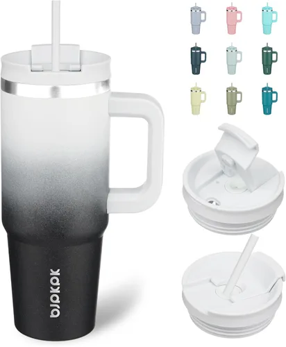 Vista 22 de BJPKPK Vasos aislados con asa y pajita, vasos térmicos de acero inoxidable de 30 onzas con tapa, color verde militar