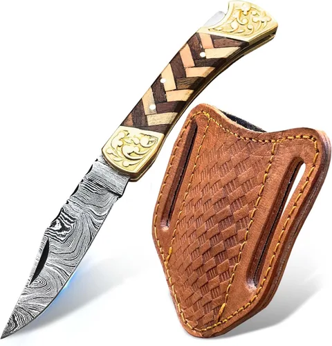 Cuchillo de bolsillo de Damasco hecho a mano con funda, cuchillo de caza plegable de 7 pulgadas con mango de madera, pequeño cuchillo de campamento
