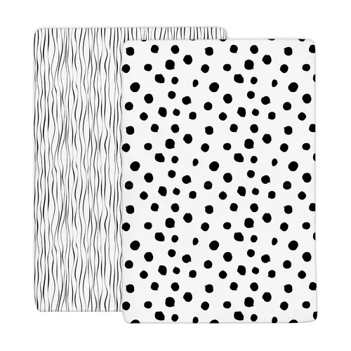 Vista 5 de Juego de sábanas para cuna Juego de sábanas para niños pequeños, paquete de 2 unidades, 100% algodón de jersey, rayas y puntos abstractos en blanco