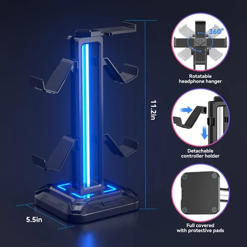 Vista 4 de KDD RGB Headset Stand with 9 Light Modes - Controller Holder for Desk - Rotatable Headphone Stand & Detachable Controller Hook for PC Earphone