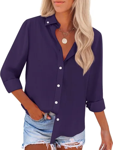 Vista 10 de Siliteelon Camisas con botones para mujer Camisa Oxford de algodón Camisas de vestir con cuello Camisa de manga larga sin arrugas Blusas de vestir