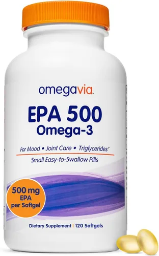 OmegaVia Aceite de pescado EPA 500 Omega-3, 120 cápsulas, 500 mg de EPA/píldora, fórmula EPA de alta pureza (forma de triglicérido), certificado