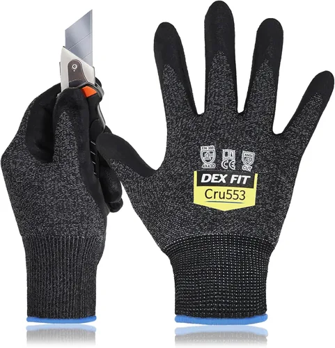 DEX FIT Guantes resistentes a cortes nivel 5 Cru553, ajuste elástico cómodo 3D, agarre potente, grado profesional, delgados, compatibles con