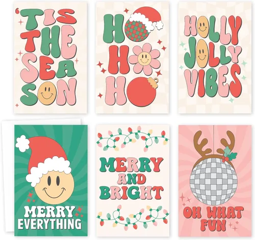 Paquete de 24 tarjetas de Navidad con sobres, tarjetas navideñas en blanco a granel, tarjetas de felices fiestas, tarjetas de feliz Navidad (retro)
