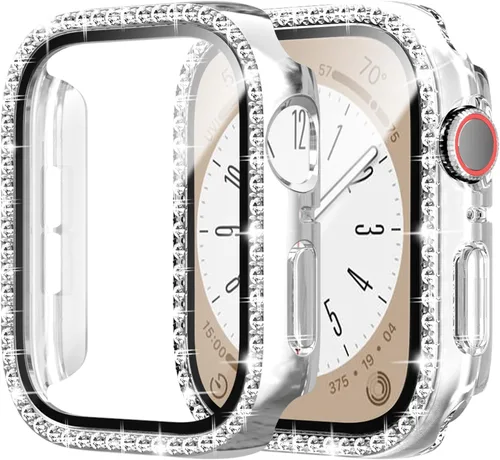 Vista 7 de Cuteey Paquete de 2 fundas brillantes con protector de pantalla de vidrio templado para Apple Watch SE 3 SE 2 Series 6/5/4 SE de 1.575 pulgadas