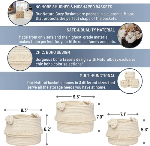 Vista 2 de NaturalCozy - Juego de 3 piezas de cestas de almacenamiento de decoración boho - Cestas tejidas de cuerda de algodón para organizar! Cosas pequeñas