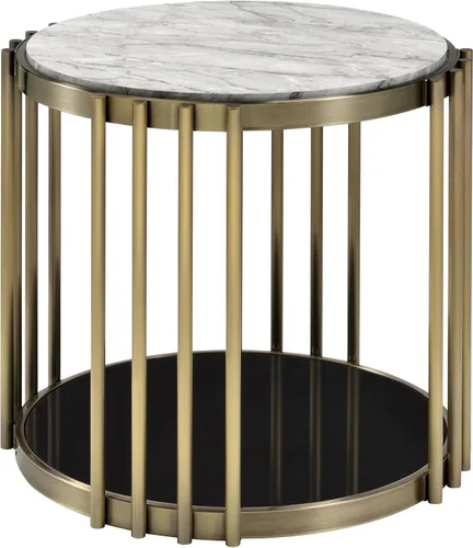 24/7 Shop at Home Delong - Mesa auxiliar redonda de metal sintético de mármol sintético de 26 pulgadas con estante de vidrio templado para sala de
