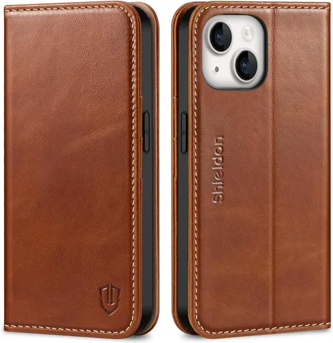 Vista 14 de SHIELDON Funda para iPhone 14 de 6.1", Funda tipo cartera de cuero genuino [Cierre magnético] [Ranuras para tarjetas con bloqueo RFID] [Soporte]