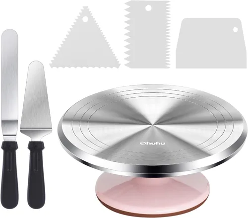 Ohuhu Tocadiscos para tartas, aluminio de 12 pulgadas, kit de decoración de tartas, suministros giratorios, soporte giratorio con 2 espátulas de