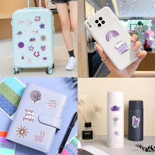Vista 4 de 120 calcomanías danesas de color morado pastel morado estético de graffiti calcomanías de vinilo para laptop, botellas de agua, monopatín, equipaje