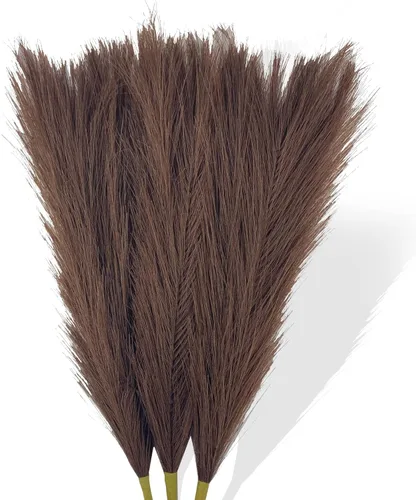 Hierba de Pampa Falsa Pequeña, 17" Hierba de Pampa Artificial Marrón Oscuro Esponjosa 3 Piezas Hierba de Pampa Arreglo Floral y Relleno de Jarrón