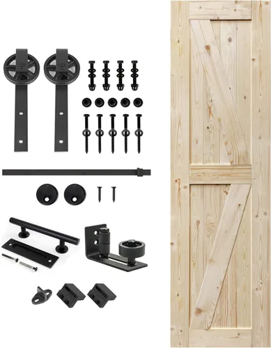 S&Z TOPHAND 20 pulgadas x 84 pulgadas. Puerta de granero anudada británica sin terminar con kit de herrajes deslizantes de 4 pies/madera