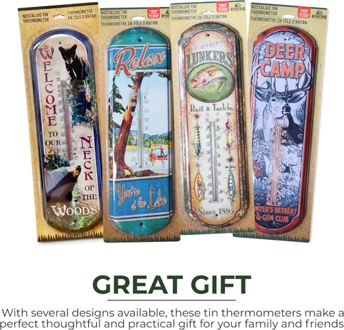 Vista 5 de Rivers Edge Products Termómetro de pared de estaño, termómetro de 17 x 5 pulgadas con revestimiento UV para interiores o exteriores, termómetro