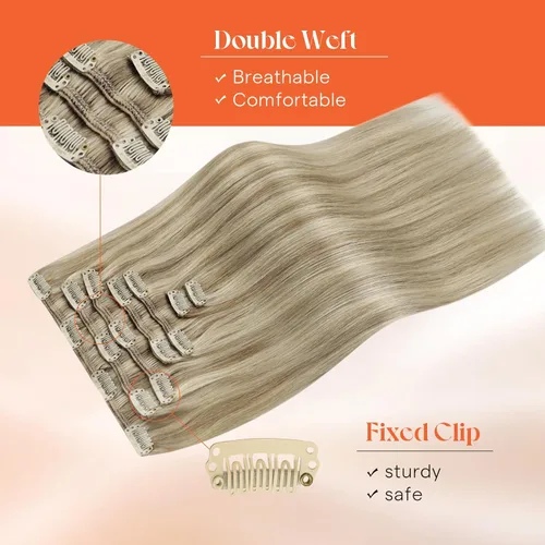 Vista 7 de Sunny Hair - Extensiones de clip de cabello humano - rubio claro mezclado con reflejos rubio dorado - 12 pulgadas, 5 unidades, 2.82 onzas