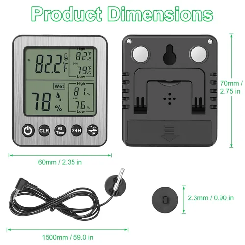 Vista 2 de Termómetro Digital para Refrigerador y Congelador con Sensor Extra Termómetro para Reptiles Higrómetro Máximo y Mínimo Recordatorio Negro ZZ20