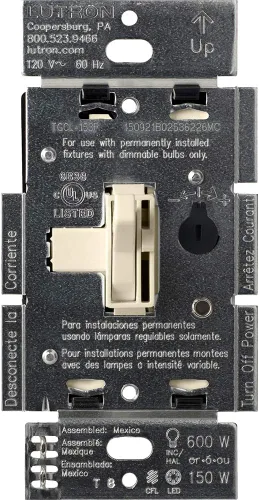 Lutron Toggler Interruptor Regulador LED+ para Bombillas LED Regulables, Halógenas e Incandescentes, 150 Vatios, Unipolar o 3 Vías, TGCL-153PH-AL,