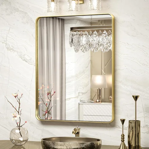 Vista 65 de TokeShimi Espejo de pared de baño de níquel cepillado de 20 x 30 pulgadas, marco de metal, esquina redonda, rectangular, para decoración del hogar