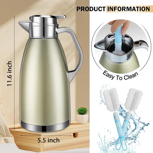 Vista 2 de Tioncy 2 piezas jarra térmica para café de 78 oz aislada, dispensador de agua caliente, jarra de acero inoxidable para líquidos calientes café té
