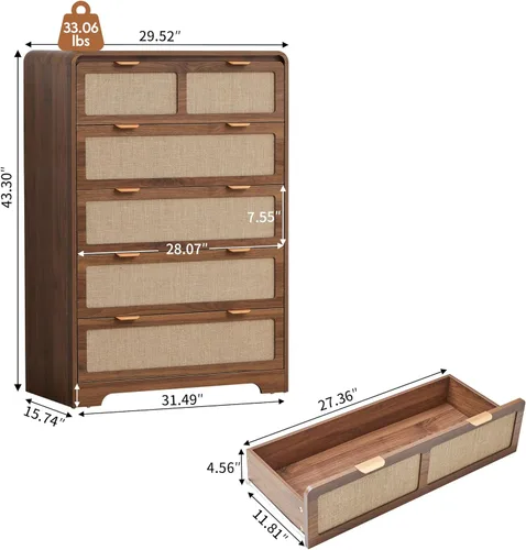 Vista 3 de Cómoda moderna de mediados de siglo para dormitorio con 4 cajones, cómoda de 35 pulgadas de alto con lino natural, cómoda de madera curvada
