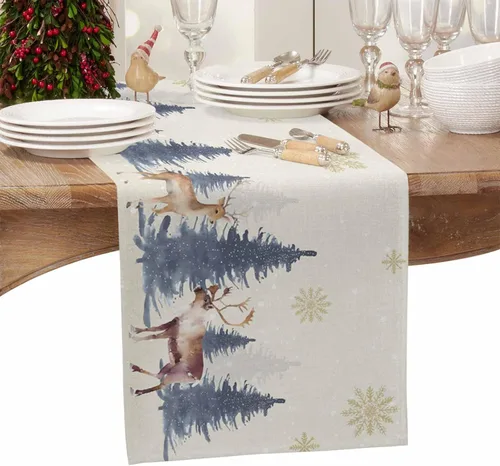 Vista 4 de Camino de Mesa de Ciervos Navideños de Campo - Algodón y Lino de 36 Pulgadas, Bufandas para Tocador Navideñas, Árbol de Navidad Acuarela Alce
